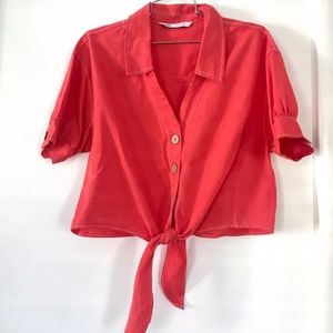 New Zara Bright Red Cropped Shirt Top with Knotted Front